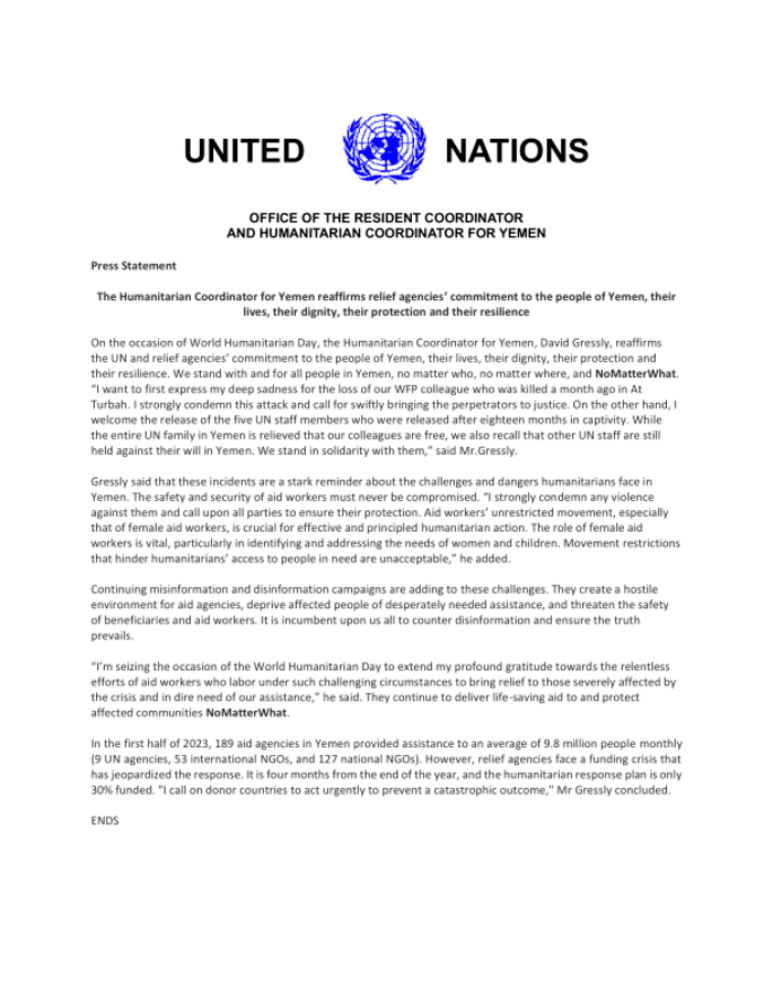 The Humanitarian Coordinator for Yemen reaffirms relief agencies’ commitment to the people of Yemen, their lives, their dignity, their protection and their resilience
