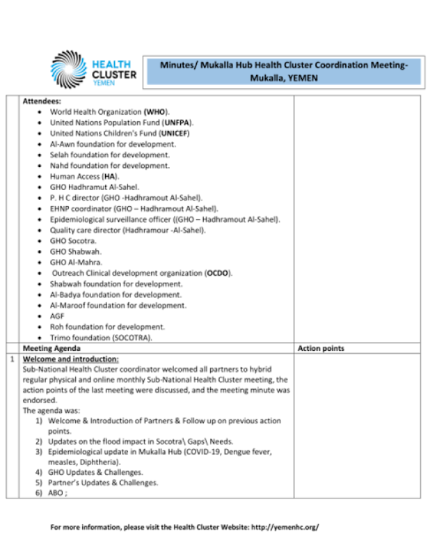 Yemen: Minutes/ Mukalla Hub Health Cluster Coordination Meeting - Monday, 19 June 2023