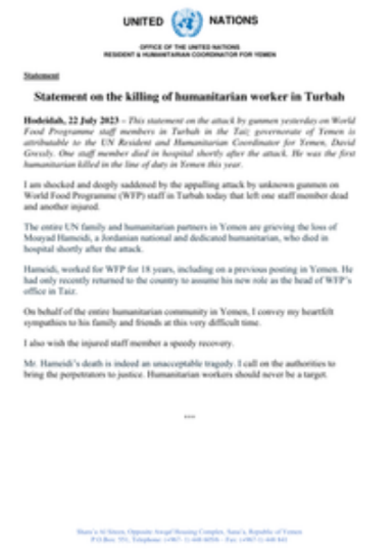 Yemen : Statement on the killing of humanitarian worker in Turbah