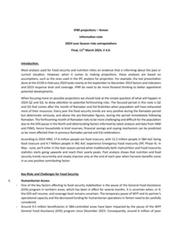 IFRR projections – Yemen - Information note 2024 Lean Season risks extrapolations