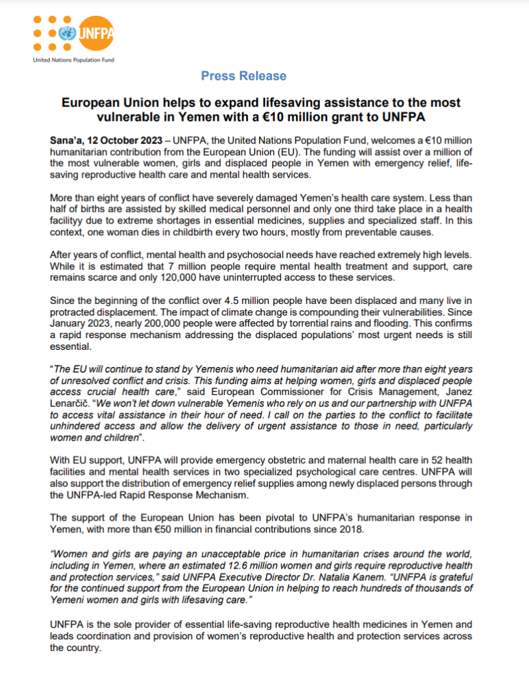 European Union helps to expand lifesaving assistance to the most vulnerable in Yemen with a €10 million grant to UNFPA