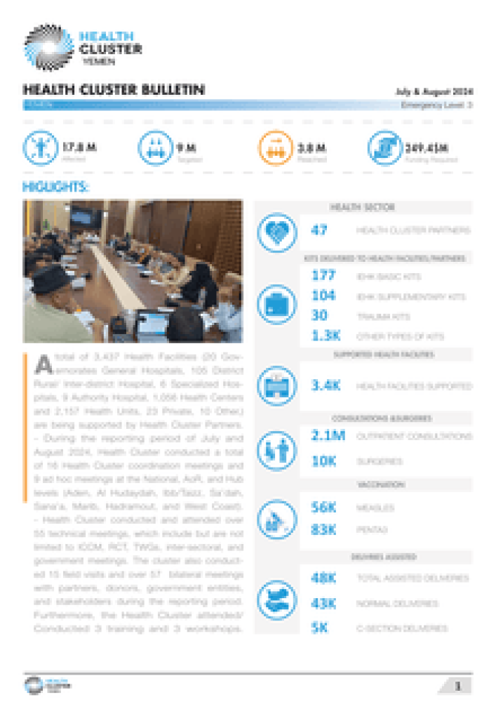 Yemen: Health Cluster Bulletin, July & August 2024